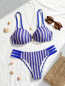 Swim Mod Conjunto de bikini a rayas sexy para mujer de talla grande para la playa - Azul - Ver 5