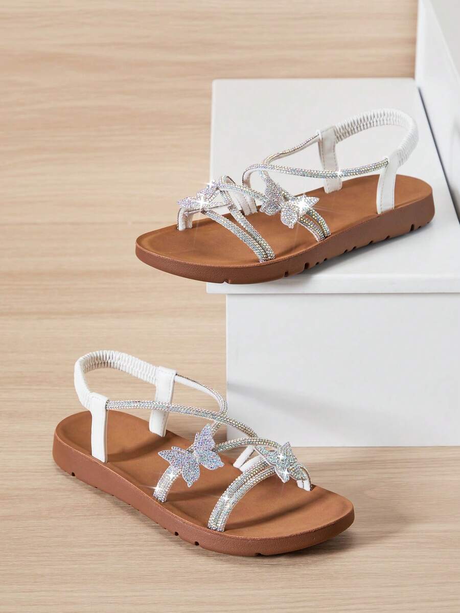 Mini mi #ButterflyBloom Girls' Rhinestone Butterfly Elastic White Strap White Multi-Strap Sandals – Glittering Elegance, Easy To Wear & Comfy Fit. - White - View 1