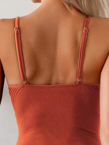 SHEIN Swim 女士纯色荷叶边系带连体泳衣，休闲度假 - 橘色 - 查看 5