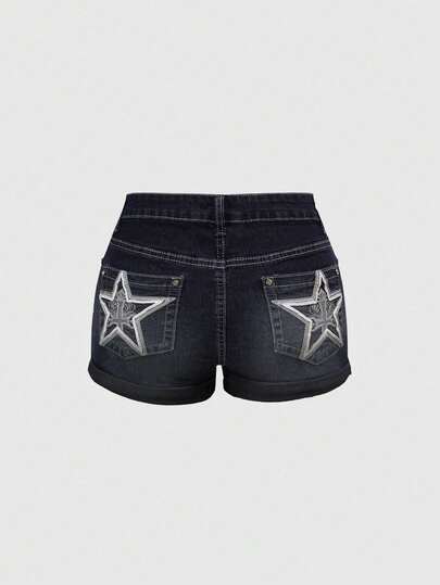ROMWE Avant Celana Pendek Denim Pinggang Rendah Motif Bintang Y2K untuk Wanita Musim Semi/Panas