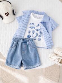 Bộ 3 món gồm: Áo sơ mi kẻ sọc xanh dương, áo phông trắng in hình vỏ sò, quần short denim xanh dương, trang phục thường ngày mùa hè cho bé trai. - Nhiều màu - Xem 4