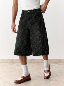 SWAVVY Men's Casual Star Jacquard Denim Shorts, Summer - Black - View 3