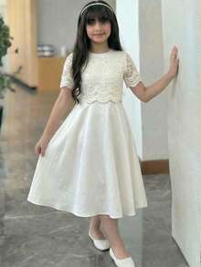 SHEIN Gaun Pesta Elegan Glamor Satin Lengan Pendek Patchwork Renda Aprikot untuk Anak Perempuan Remaja - Aprikot - View 2