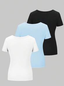 INAWLY 3 buah Kaos Wanita Lengan Pendek Kasual Sehari-hari dengan Lipit dan Potongan Pas Badan Warna Polos - MultiWarna - View 2