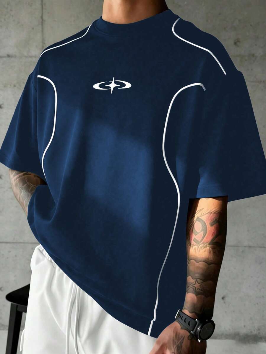 Sport MetroGents Men's Geometric Print Loose Fit Short Sleeve Sports T-Shirt, Gym - Lake Blue - View 1