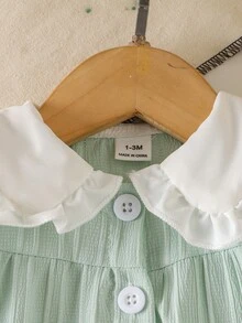 SHEIN 新生儿可爱彼得潘领泡泡袖纹理面料绿色公主裙，适合春夏外出，甜美公主风，适合度假和派对 - 綠色 - 查看 3