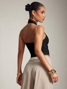 Hauture Top sans dos stylé en métal de couleur unie sexy pour femmes, style de bureau et décontracté - Noir - Voir 3