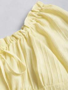 Sweetra Women's White Rhinestone Collar Ruffle Tie Waist Long Sleeve Blouse - Light Yellow - View 6