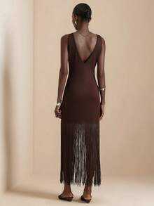 Vesra Women's Sleeveless Elegant Tassel Dress - Brown - View 2