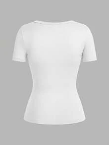 SHEIN EZwear 3件組女款深V領緊身休閒短袖基礎內搭長袖T恤套裝，春夏上衣，日常校園穿搭，黑色灰色白色 - 彩色 - 查看 4