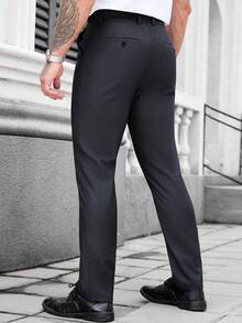 Calvornis 男士纯色斜插口袋修身商务西装裤（不规则剪裁） - 深灰色 - 查看 2