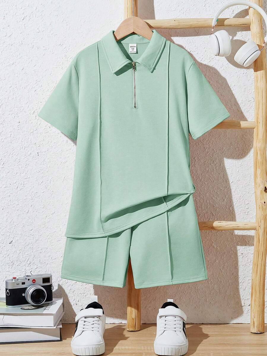 SHEIN 2pcs/Set Tween BoyLoose Casual Solid Color Polo Shirt & Shorts Set - Mint Green - View 1