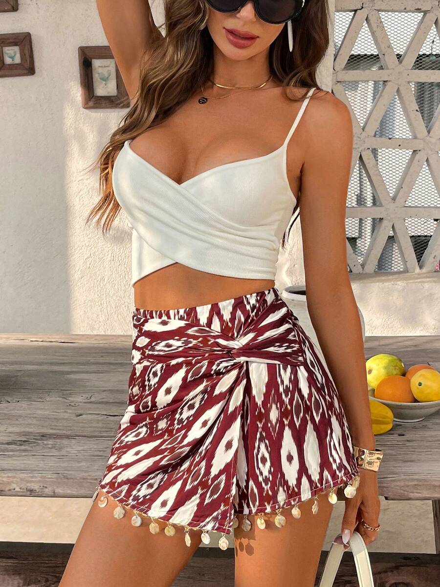 SHEIN Holidaya 女士春夏新款印花腰部扭结设计贝壳流苏拼接优雅浪漫阔腿裤 - 彩色 - 查看 1