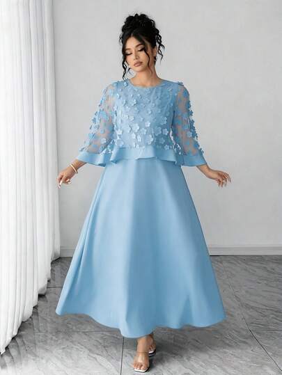 Elenzga Vestido de moda con cuello redondo y aplicaciones para mujer de talla grande, adecuado para bodas de otoño, fiestas de cumpleaños y otros eventos