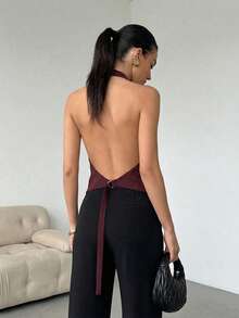 Firerie 女士V领露背吊带无袖上衣，优雅百搭，适合日常通勤、红色背心衬衫、性感街头风上衣、春夏装、约会、派对、音乐节、工作、返校、年会、度假、波西米亚风、海滩等场合。 - 酒紅色 - 查看 5