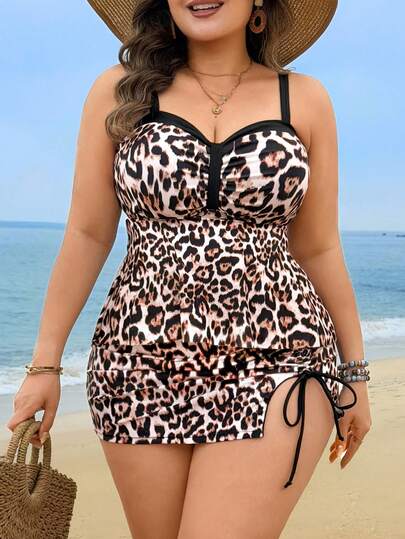 Swim Lushoire Plus Size Women Summer Beach Leopard Print Ruched Tankini Top And Triangle Tankini Bottom Swimsuit Set With Mini Skirt