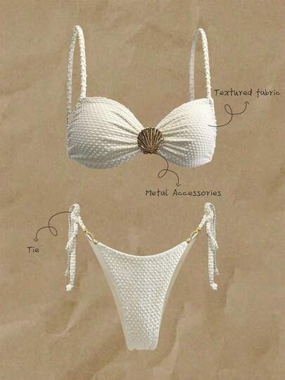 Elavelle Conjuntos de Maiô Bikini Sexys com Alças de Espaguete Sólidos de Textura, com Decorações de Concha e Metal, Roupas de Verão para Praia Feminina