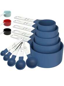 10 piezas Juego de tazas y cucharas de medición, diseño apilable anidado, mango de acero inoxidable, cabeza de plástico, para ingredientes secos y húmedos - Multicolor - Ver 9