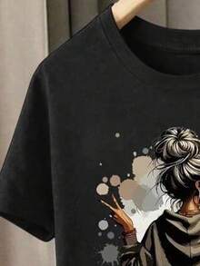 2pcs/Set Teen Girl Casual Minimalist Girl Portrait Graphic Black Short Sleeve Round Neck T-Shirt And Shorts, Fashionable Versatile Basic Comfortable Daily Wear, Suitable For Girls In Spring, Summer, Autumn And Winter - Multicolor - View 4