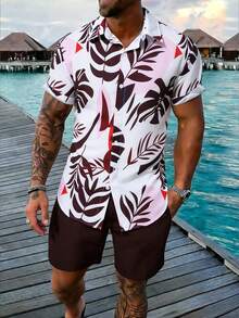 Manfinity RSRT Conjunto casual de 2 piezas de camisa de manga corta con botones y pantalones cortos con estampado de hojas para hombre, ideal para vacaciones - Multicolor - Ver 1