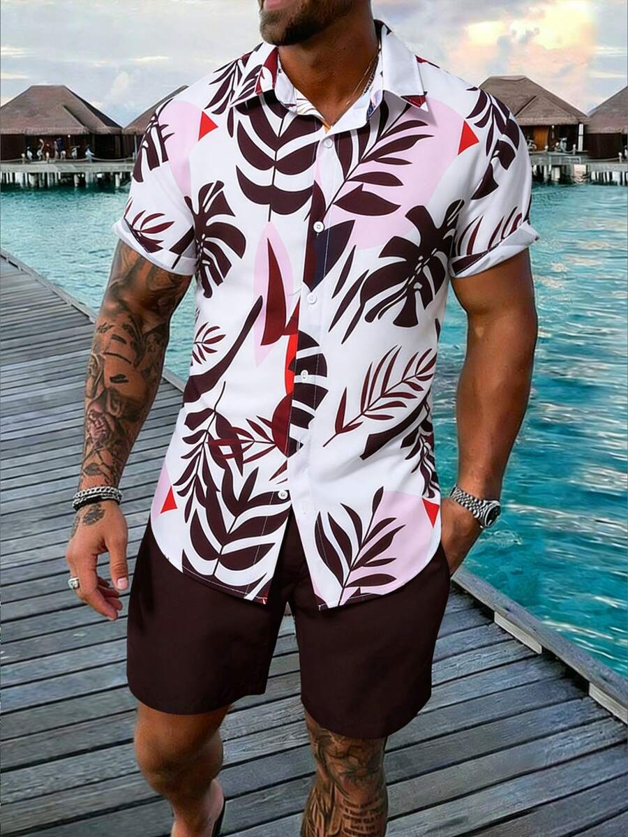 Manfinity RSRT Conjunto casual de 2 piezas de camisa de manga corta con botones y pantalones cortos con estampado de hojas para hombre, ideal para vacaciones - Multicolor - Ver 1