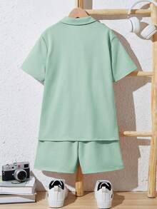 SHEIN 2pcs/Set Tween BoyLoose Casual Solid Color Polo Shirt & Shorts Set - Mint Green - View 2