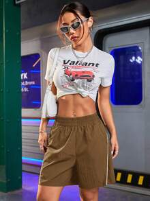 Streetz SHEIN Sport 撞色滚边休闲运动短裤 - 棕色 - 查看 5