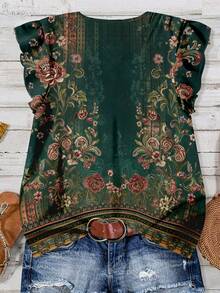 EMERY ROSE 大码休闲复古印花荷叶边下摆衬衫，适合夏季穿着 - 彩色 - 查看 2