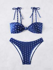 Swim Basics 女士黑白波点印花扭结系带比基尼套装，休闲度假款 - 藏蓝色 - 查看 3
