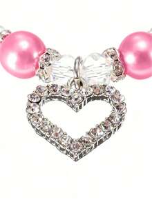 Pink Pearl Necklace With Heart-Shaped Diamond Chain, Suitable For Pets To Wear On A Daily Basis - Pink - View 3