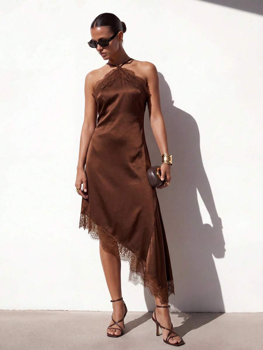 Zivah Chocolate Brown Summer Seductive Party Night Spaghetti Strap Sleeveless Camisole Asymmetric Hem Long Lace Satin Shiny Backless Wrap Dresses For Women - Brown - View 1