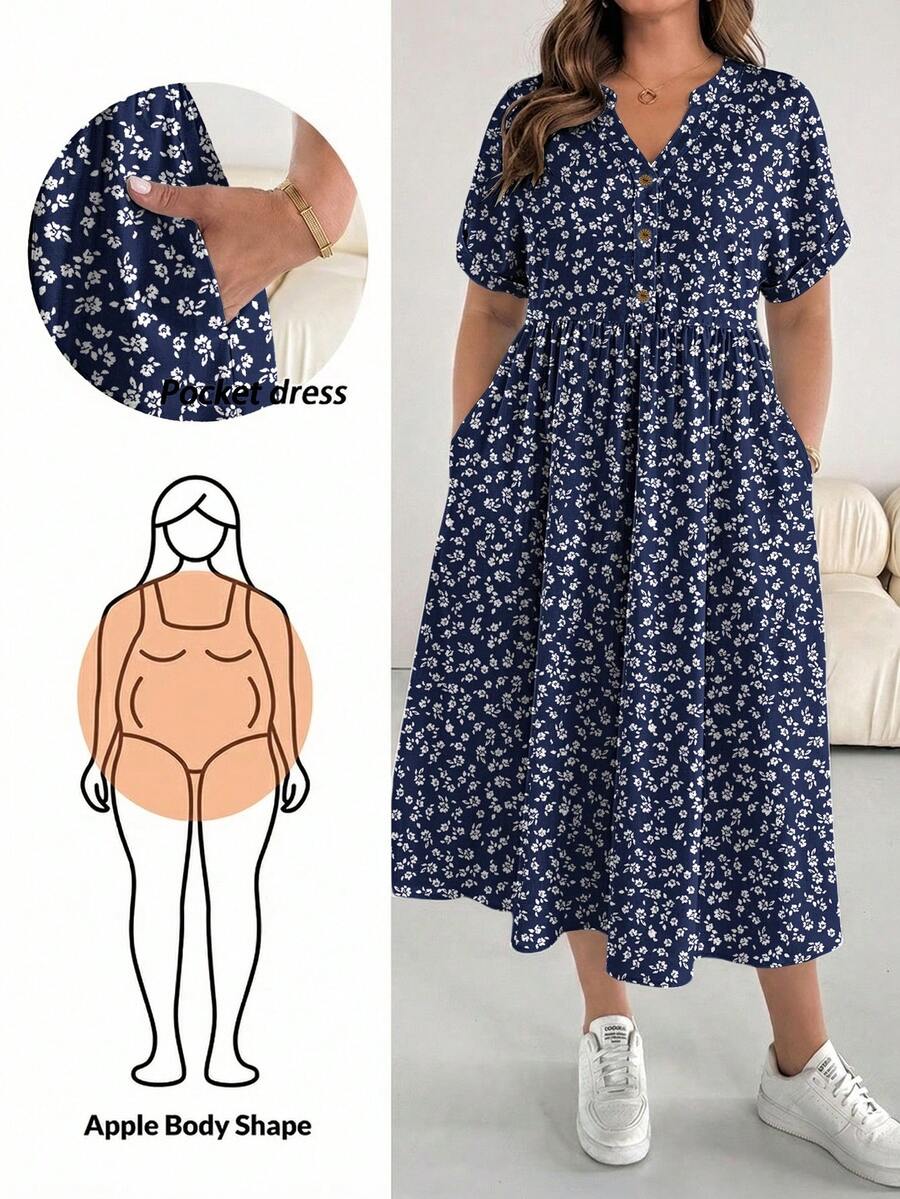 SHEIN Essnce 大码女式碎花V领短袖休闲连衣裙 - 彩色 - 查看 1