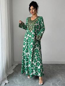 Al Najma 女士优雅圆领长袖阿拉伯风格连衣裙 - 綠色 - 查看 3