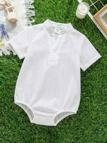 SHEIN 男女宝宝休闲日常穿着立领按扣连体衣，适合春夏室内/室外穿着 - 白色 - 查看 6