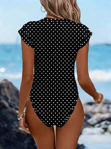 Sylviya 女士休闲复古撞色黑白波点印花连体衣，适合春夏穿着，可叠穿，运动休闲，沙滩装，时尚百搭，Y2K风格，女士春季连体衣，休闲款 - 彩色 - 查看 2