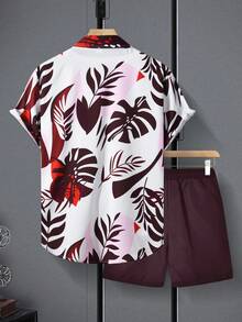 Manfinity RSRT Conjunto casual de 2 piezas de camisa de manga corta con botones y pantalones cortos con estampado de hojas para hombre, ideal para vacaciones - Multicolor - Ver 2