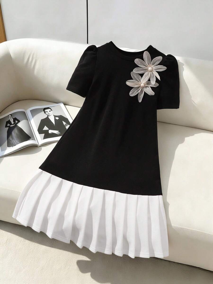 1pc Tween Girl Bowknot Pleated Short Sleeve Dress, Loose Fit, Spring/Summer - Black and White - View 1