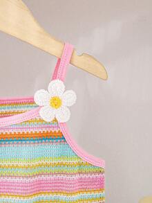 SHEIN Sparklyn Young Girls Multicolor Stripe Crochet Cami Shorts Romper Vacation Outfit - Multicolor - View 4