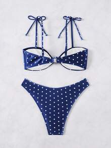 Swim Basics 女士黑白波点印花扭结系带比基尼套装，休闲度假款 - 藏蓝色 - 查看 2