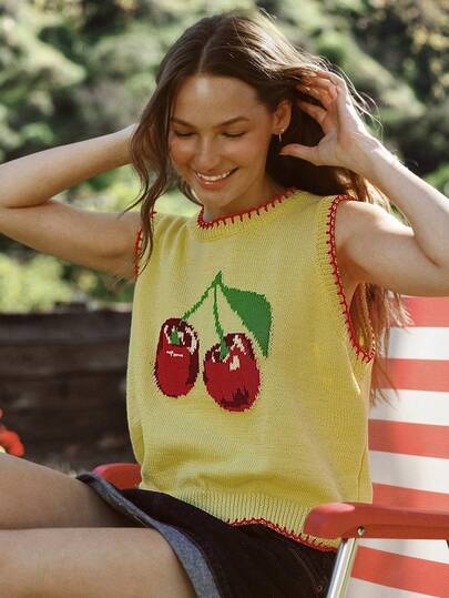 WESTFADE 圆领樱桃嵌花撞色针织无袖套头毛衣背心，春季、夏季、度假、休闲、可爱上衣，适合海滨、牛仔、波西米亚风、农贸市场、野餐、假期、海滩、节日、西部风、纳什维尔、牛仔竞技服、乡村音乐会等场合，奶油黄