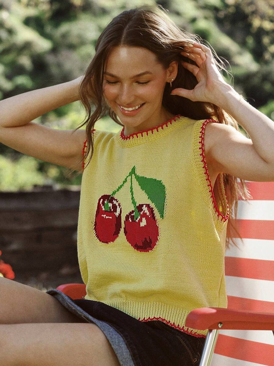 WESTFADE Round Neck Cherry Intarsia Contrast Stitch Sleeveless Mixed Stitch Pullover Sweater Knit Vest,Cute Top For Autumn,Picnic,Spring & Summer,Yellow - Light Yellow - View 1