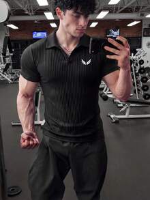 GymBeat Men's Wing Print Short Sleeve Sports Polo T-Shirt - Black - View 5