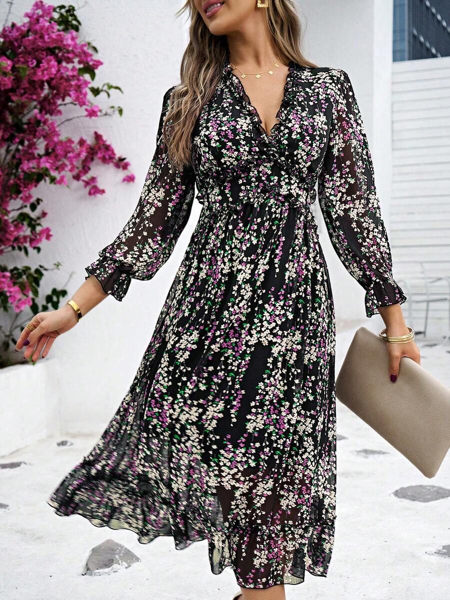 SHEIN Holidaya Vestido largo con estampado floral diminuto, mangas con volantes y dobladillo con volantes, para vacaciones y playa para mujeres - Multicolor - Ver 1