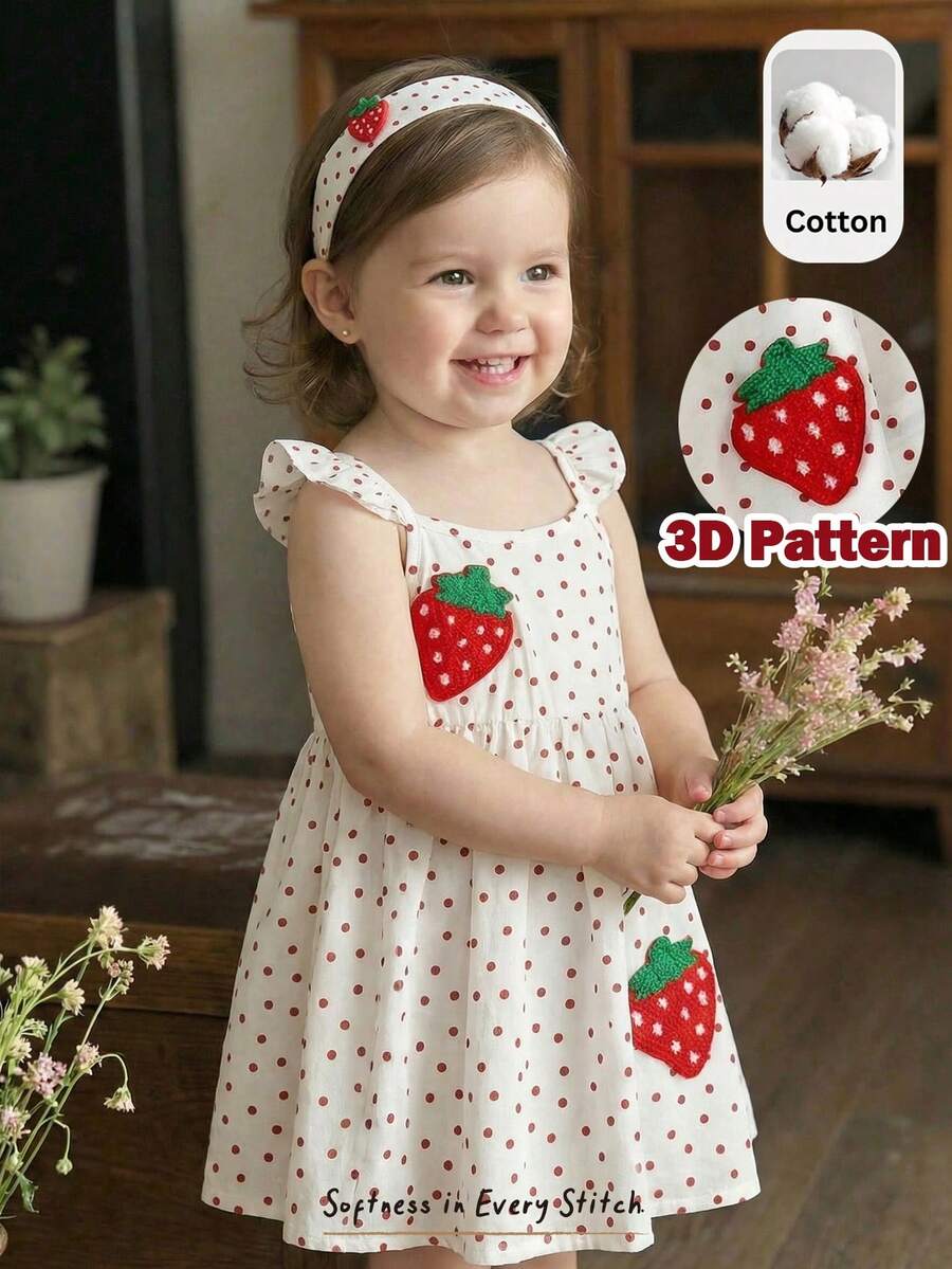 Cozy Pixies Đầm bé gái in hình dâu tây chấm bi cổ vuông tay ngắn eo - Nhiều màu - Xem 1