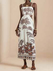 Vesra Apricot Coconut Tree Print Backless Tie Strap Dress For Women - Apricot - View 1