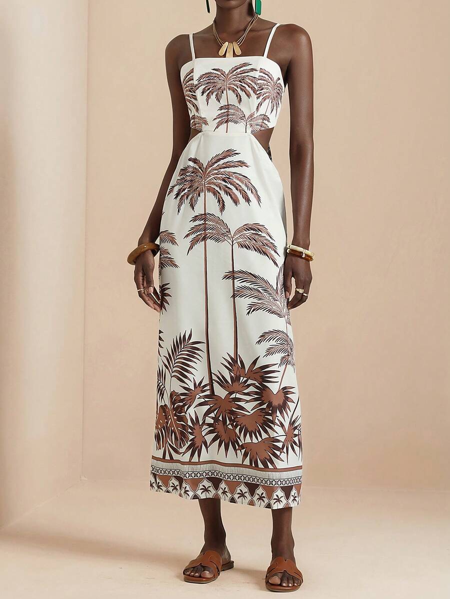 Vesra Apricot Coconut Tree Print Backless Tie Strap Dress For Women - Apricot - View 1