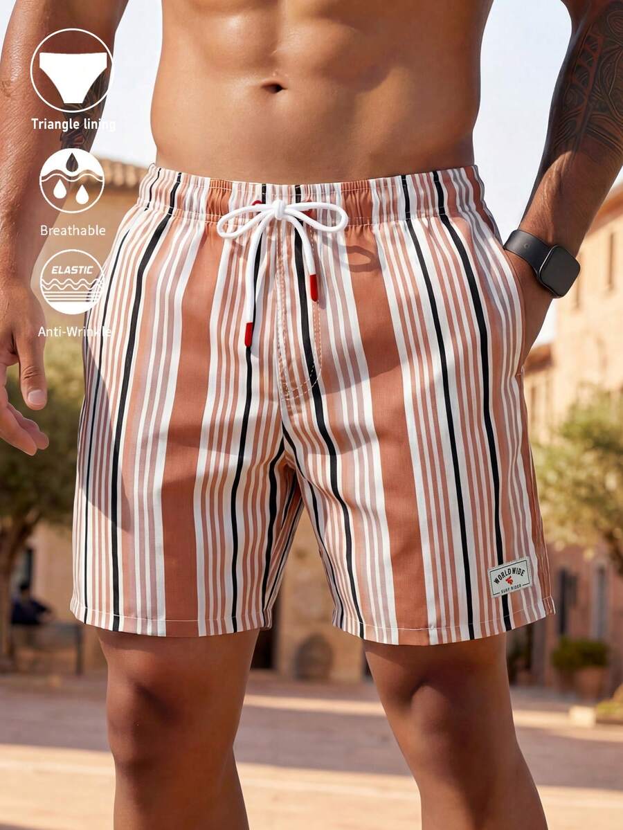 Manfinity KASUA Men's Striped Print Drawstring Waist Beach Shorts - Brown - View 1