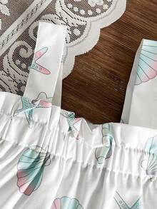 SHEIN 女婴三件套：贝壳和海星印花吊带娃娃衫、短裤和遮阳帽，沙滩/度假风 - 彩色 - 查看 4