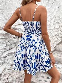 Hotletica 女士植物印花聚攏肩帶長裙 - 藍白色 - 查看 2