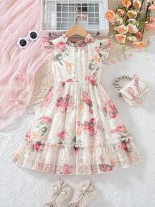 Genkimix Kids Đầm không tay xếp ly in hoa hồng mùa xuân/hè 2025 cho bé gái, khóa kéo phía sau, kiểu dáng công chúa dễ thương và ngọt ngào, đa năng cho mặc hàng ngày. - Hồng - Xem 7